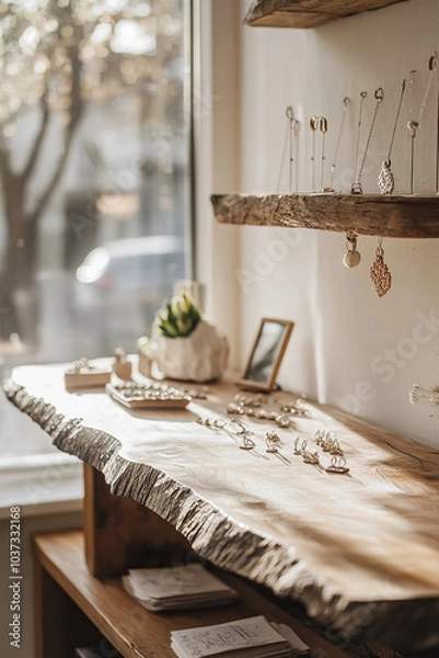 Obraz Elegant jewelry display on rustic wooden shelf, showcasing various earrings and rings. warm sunlight enhances beauty of pieces, creating cozy atmosphere