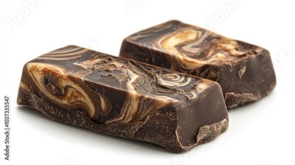 Fototapeta Two pieces of marbled chocolate with swirls of white and dark chocolate.