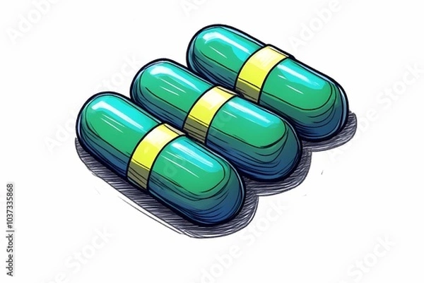 Fototapeta Medical pills in various shapes and colors, ideal for representing healthcare, pharmaceuticals, and medication-related themes in stock imagery.