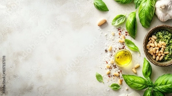 Fototapeta Ingredients for fresh pesto: basil leaves, pine nuts, olive oil, garlic, salt.