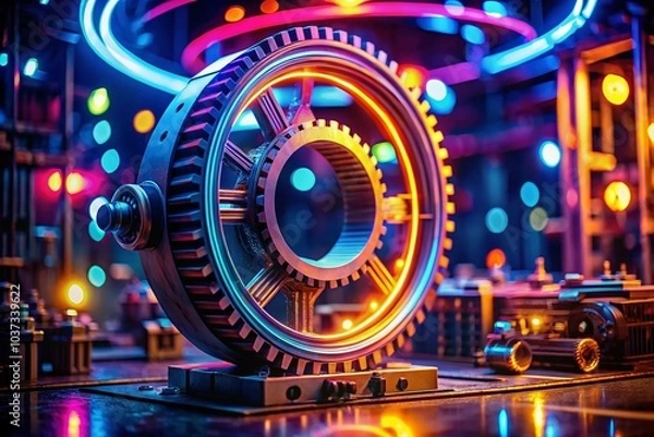 Fototapeta Neon Mechanic Mechanism in Tilt-Shift Style for Dynamic 4K Looping Visuals