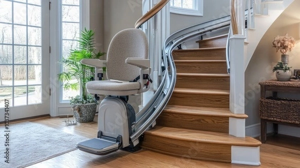 Fototapeta A stair lift on a modern spiral staircase, showcasing its versatility in different home designs.