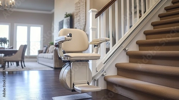 Fototapeta A stair lift installed in a modern home, blending seamlessly with the interior design while providing mobility support.