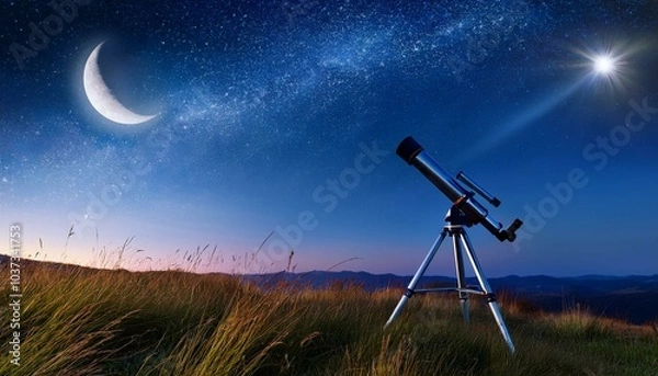 Fototapeta Dream big A vast night sky filled with stars and a bright crescent moon. The telescope stands nearby, pointing out into the universe, representing endless possibilities and dreams that reach far beyon