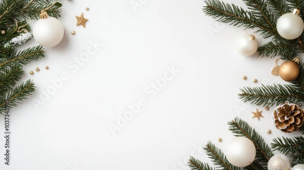 Fototapeta A festive arrangement of Christmas decorations featuring white and gold ornaments, pine branches, and natural elements like pine cones and stars, creating joyful holiday atmosphere