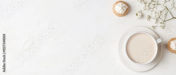 Obraz A cozy scene featuring cup of coffee, delicate flowers, and sweet treats, creating warm and inviting atmosphere perfect for relaxation