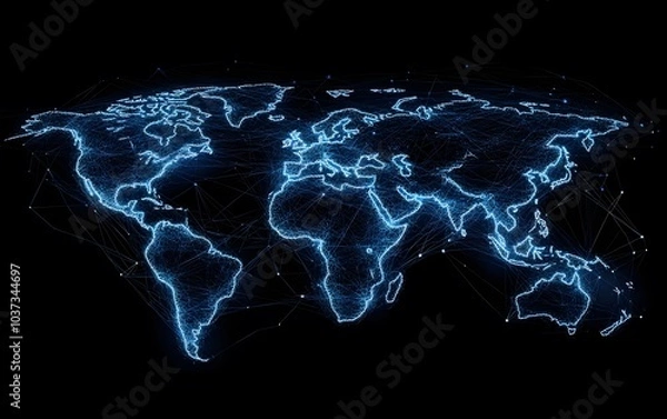 Obraz A luminous world map created from glowing lines, illustrating connections and networks across continents against a dark background.