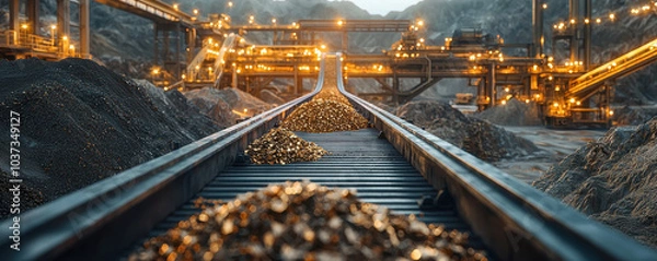 Fototapeta Conveyor belt system transporting raw materials in mining facility, showcasing vibrant industrial scene with illuminated machinery and piles of ore. atmosphere is dynamic and industrious