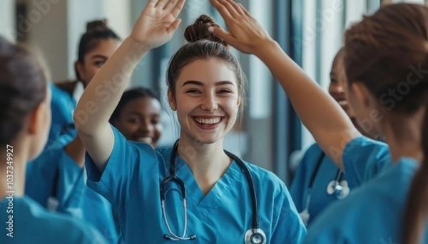 Fototapeta A joyful healthcare team celebrates together, highlighting unity and positivity in the nursing profession.