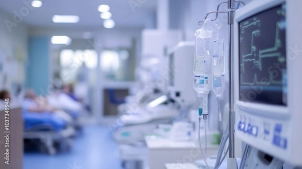 Obraz A focused view of hospital equipment in a patient care area, showcasing advanced monitoring systems and infusion pumps in a medical environment.