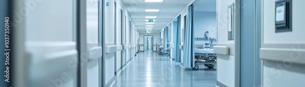 Obraz A quiet hospital corridor with blue tones, featuring closed doors and medical equipment, creating a clean and sterile environment.