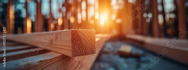 Obraz Close-up of wooden beams against a blurry sunset background.