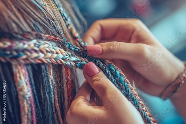 Obraz Close-up of hands braiding colorful hair extensions in a salon, intricate braid patterns being formed, focus on textures and details, selective focus

