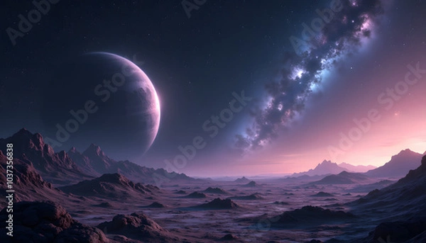 Fototapeta Extraterrestrial landscape with a large planet and colorful galaxy