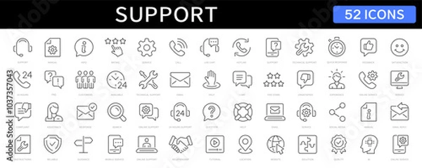 Fototapeta Support, customer service thin line icons set. Service, help, online support, assistance editable stroke icon. Vector