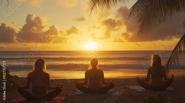 Fototapeta A peaceful yoga session on the beach at sunrise, with participants enjoying the calm.