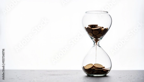Fototapeta Hourglass with coins instead of sand on minimalist background