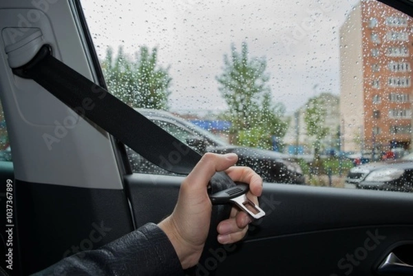 Fototapeta The driver's hand pulls out the seat belt before driving against the background of the yard and drops on the glass