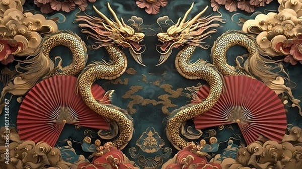Fototapeta Chinese-style dragons in a luxurious red and gold palette, surrounded by intricate fans and clouds