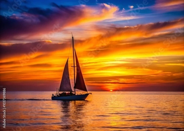 Fototapeta Sailboat at Dusk: Low Light Photography Capturing Tranquil Sea Voyage