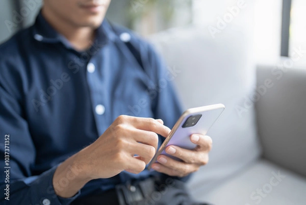 Fototapeta Relaxed young asian man using smart phone  spending time checking news social media