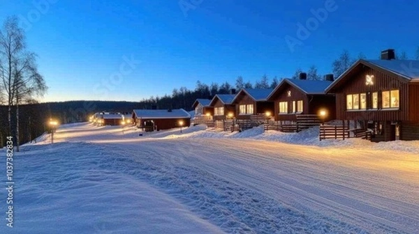 Fototapeta A serene winter night in a Swedish town illuminated by the northern lights over red houses and snow-covered roads