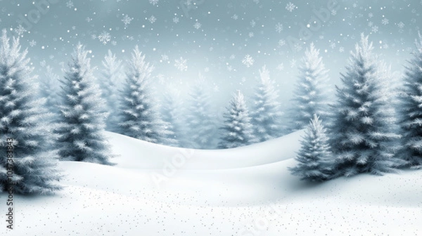 Fototapeta Winter landscape with snow-covered pine trees and snowflakes falling from a cloudy sky, creating a peaceful serene holiday season atmosphere