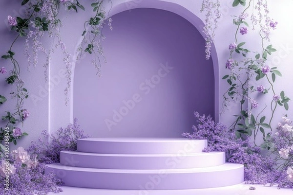 Fototapeta Minimal podium with curved edges, pastel lavender background, florals and vines elegantly draping around, soft natural lighting.j
