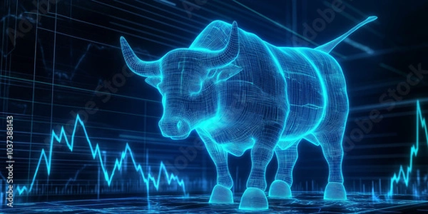 Fototapeta Digital wireframe of bullish stock market graph featuring blue neon bull, symbolizing financial optimism, growth, and success in a futuristic technology environment