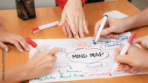 Fototapeta Close up of skilled business people hand brainstorming, working together, discussing about marketing idea by using mind map and colorful marker at meeting table. Focus on hand. Immaculate.
