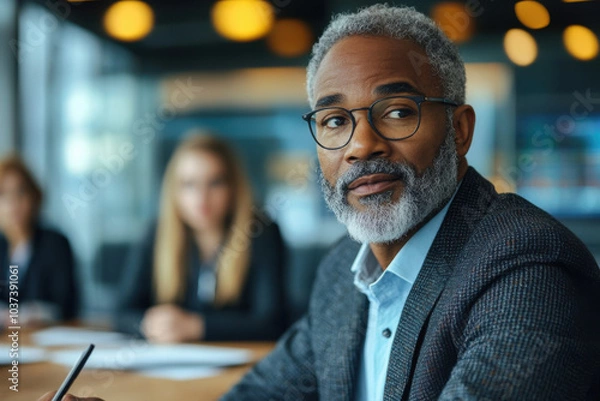 Fototapeta A senior Black executive engages in a discussion about risk transfer strategies led by a middle-aged Caucasian team leader. The meeting room is modern, with visual aids and a round table promoting