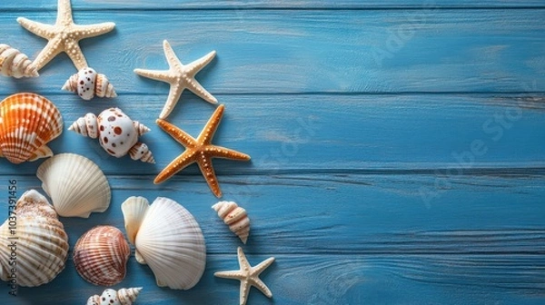 Fototapeta Seashells and Starfish on a Blue Wooden Background with copy space