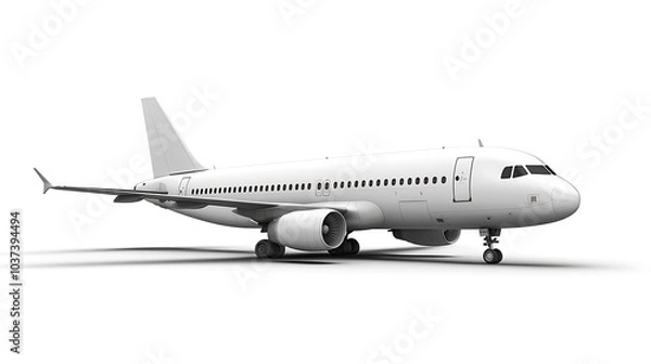 Fototapeta Three-dimensional render of a commercial airplane, isolated against a white background with subtle shading