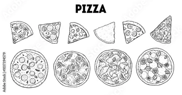 Fototapeta Hand drawn set of pizza. Italian pizza sketch collection. Design elements. Vector illustration. Italian food. Menu, package design