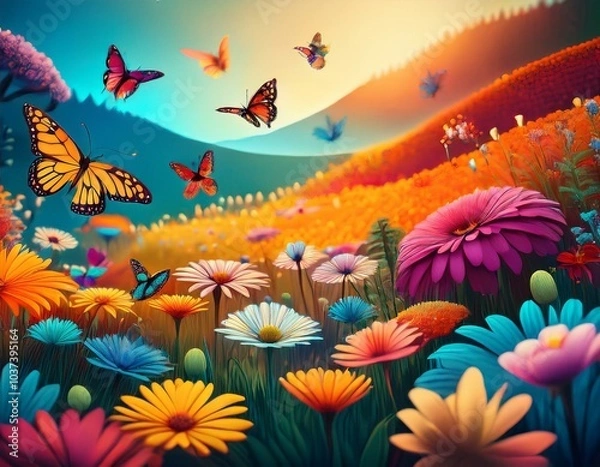 Fototapeta a colorful field of flowers with butterflies and bees flying around