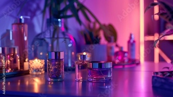 Fototapeta An amount of fragrances placed on a desk with a purple backdrop
