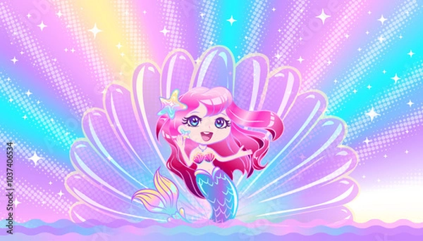 Obraz Little mermaid with pink hair and a blue tail sits on a shell against a rainbow background.
