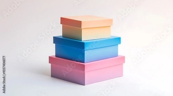 Obraz Three-tiered stack of gift boxes in gradient colors, neatly arranged on a white background