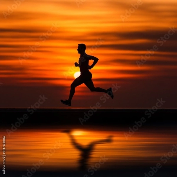 Fototapeta Dynamic runner against a vibrant sunset reflection