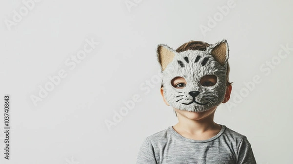 Fototapeta Little boy in a half cat-head mask posing with a playful expression against a white background in a studio setting