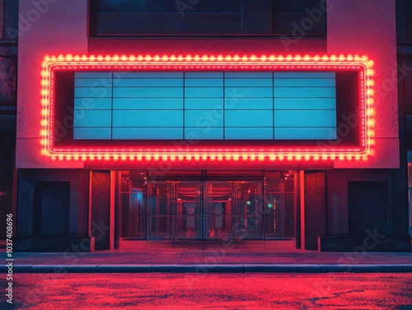 Fototapeta A theater exterior featuring bright neon lights and a large blank marquee, creating an inviting atmosphere for guests.