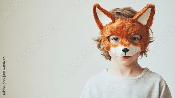 Fototapeta A little boy stands in a studio wearing a half fox mask, showcasing soft lighting and a white background