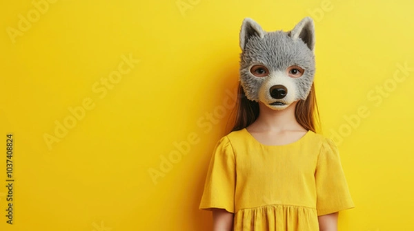Fototapeta Little girl in a furry dog-head mask stands against a bright yellow background in a creative studio setting