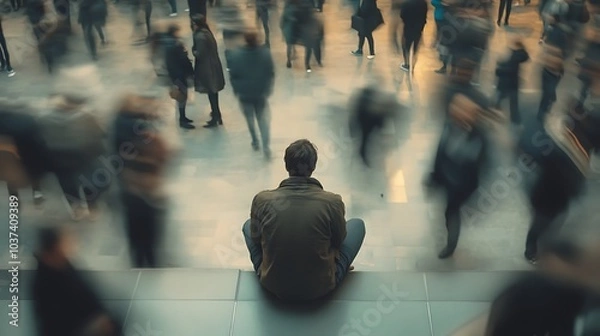 Fototapeta A person sitting alone in a crowded space, with blurred people moving around, symbolizing isolation amidst chaos.