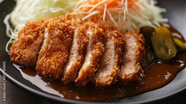 Fototapeta A mouthwatering plate of Japanese katsu curry with crispy breaded pork cutlet, served with Japanese curry sauce and steamed rice, Katsu curry plate centered
