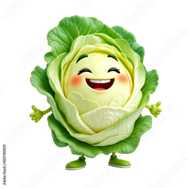 Fototapeta A smiling cartoon character of a green cabbage with large eyes and a happy expression