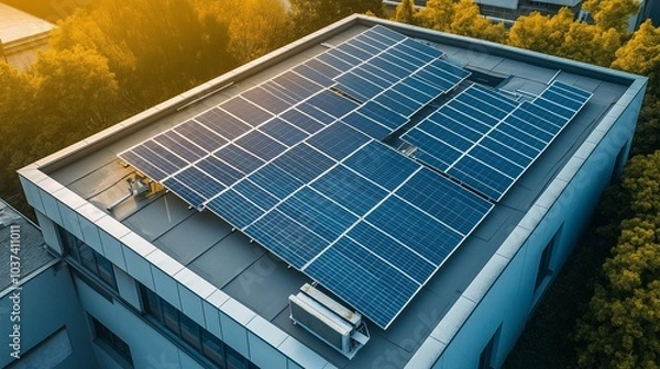 Obraz modern factory with solar panels on its roof
