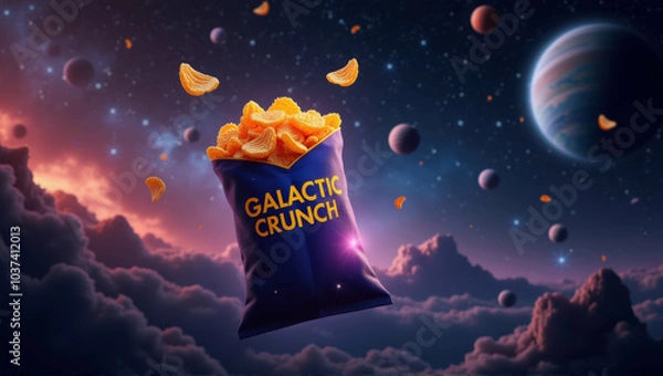 Obraz Generative, AI, A floating bag of ‘Galactic Crunch’ chips amidst a starry space backdrop with vibrant planets and floating chips.

