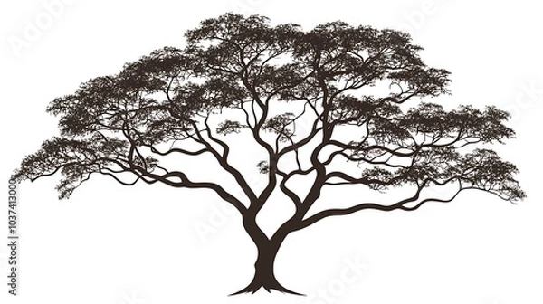 Fototapeta Detailed tree silhouette with many fine branches, isolated on a white background