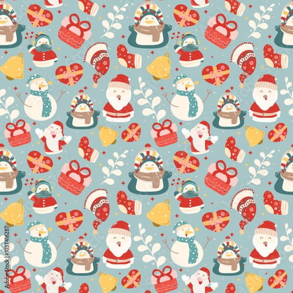 Fototapeta seamless pattern merry christmas elements on color background. Vector illustration.